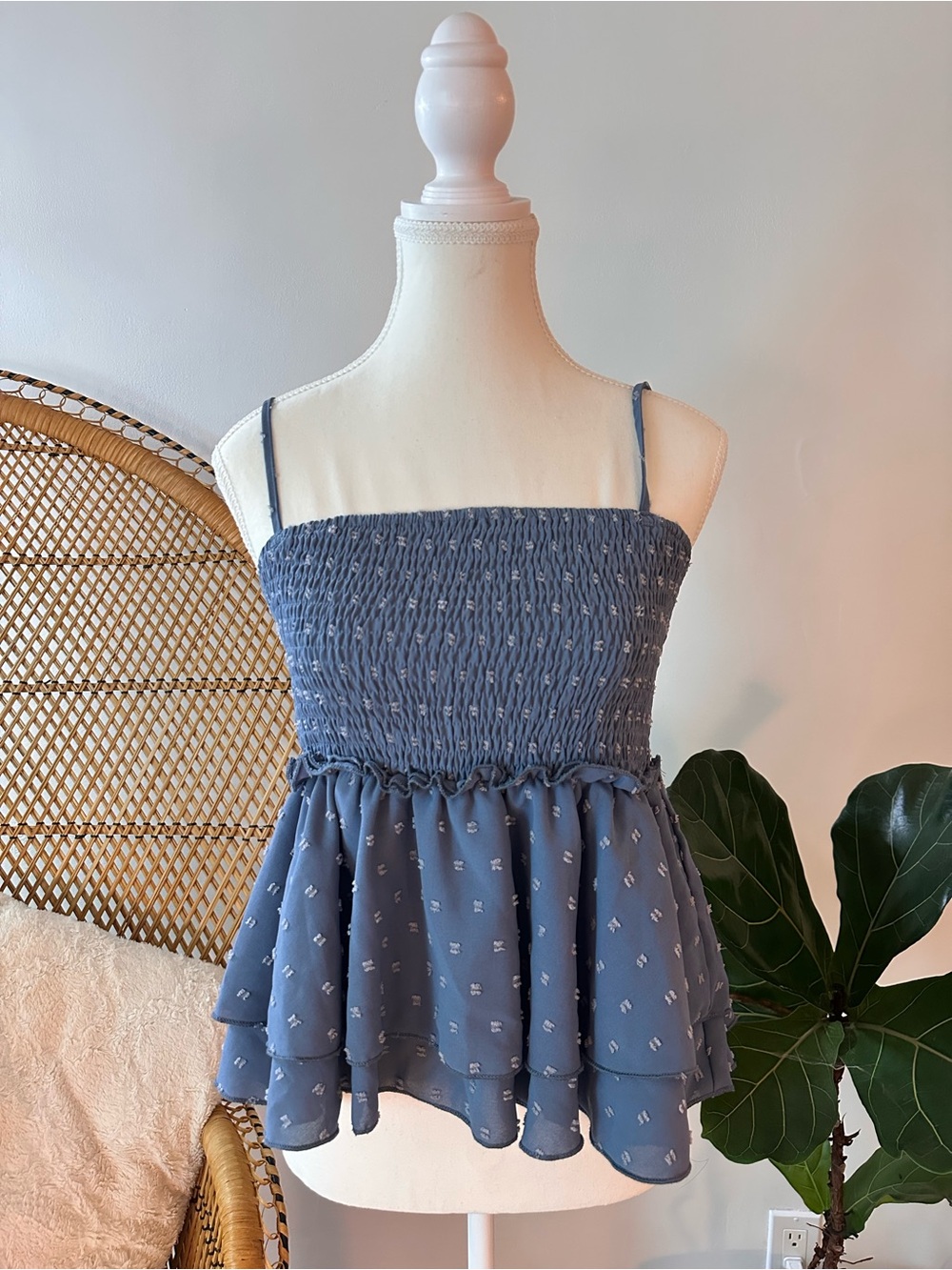 Smocked Tiered Spaghetti Strap Women's Top - Dusty Blue